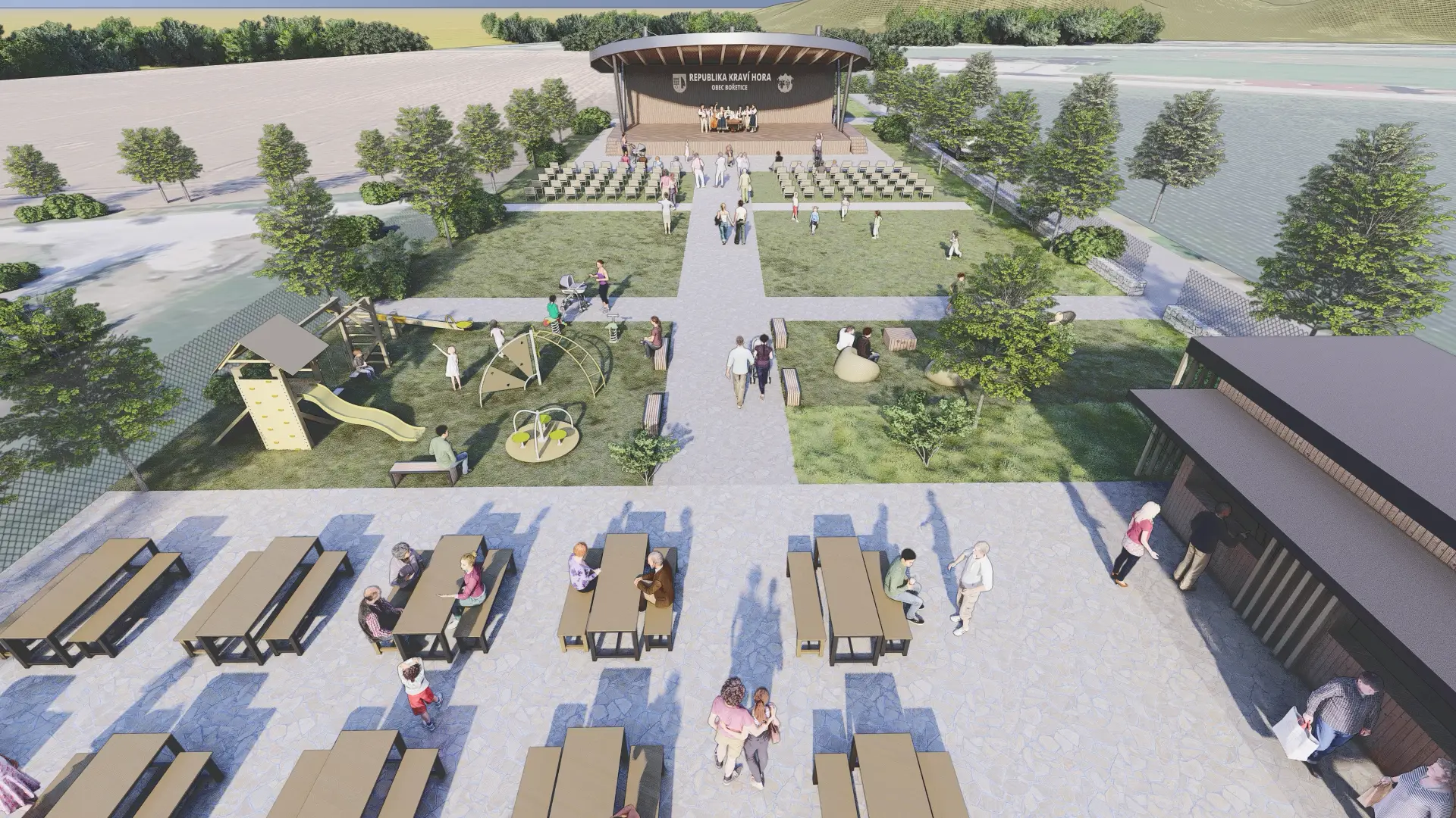 Architektonická vizualizace podium jako vyhlídkového a odpočinkového prvku.