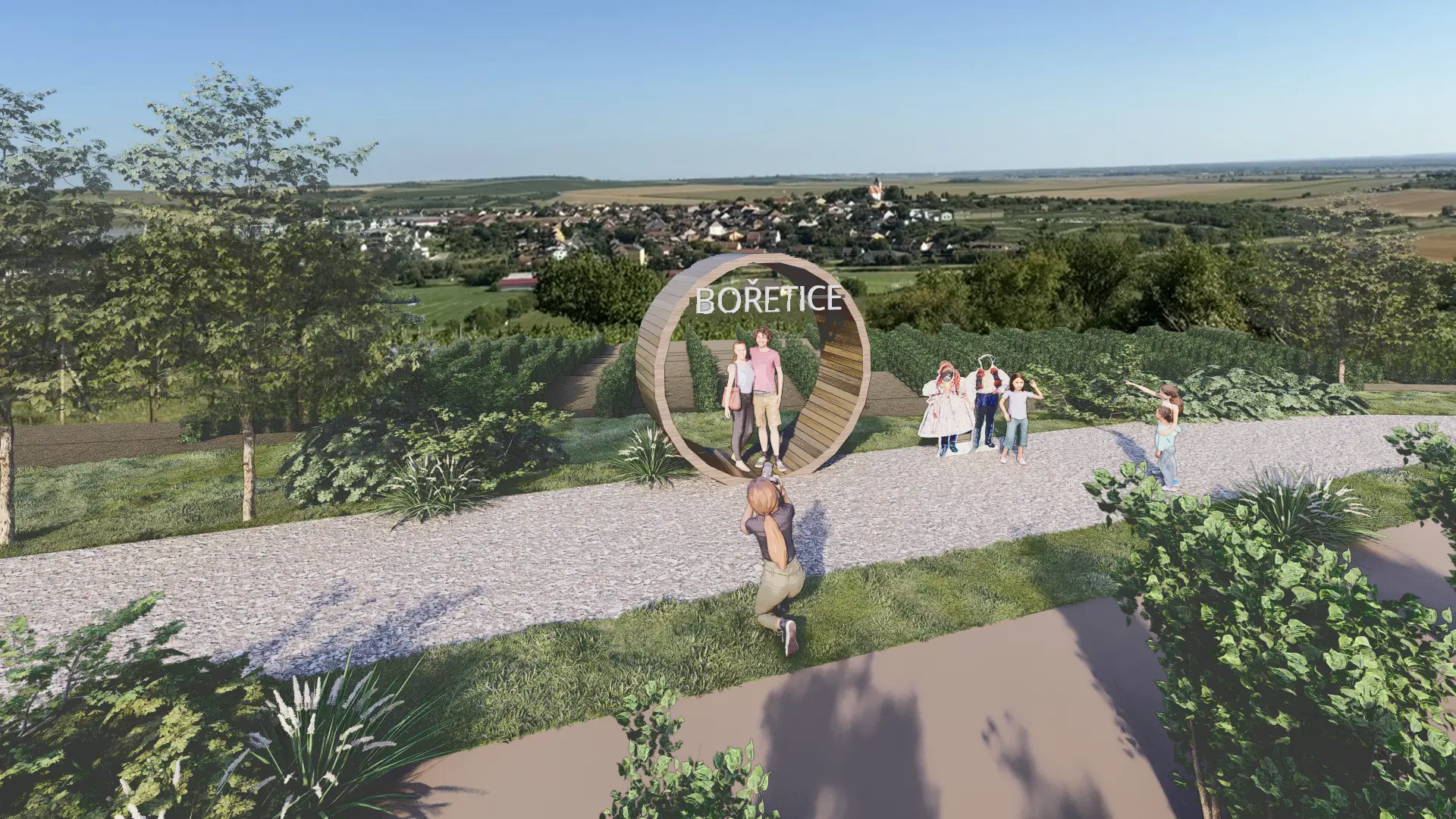Architektonická vizualizace fotopointu v přírodním prostředí.