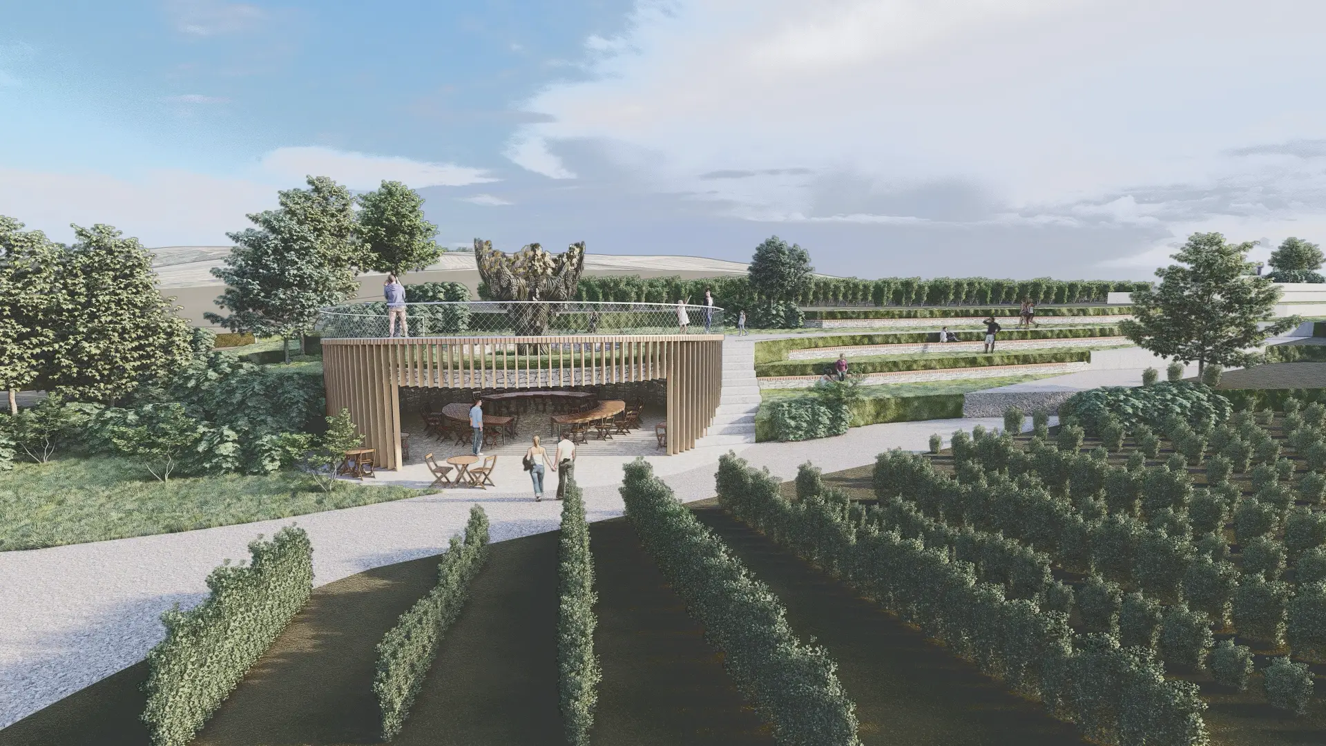 Architektonická vizualizace projektu Vinařské nebe v krajině.