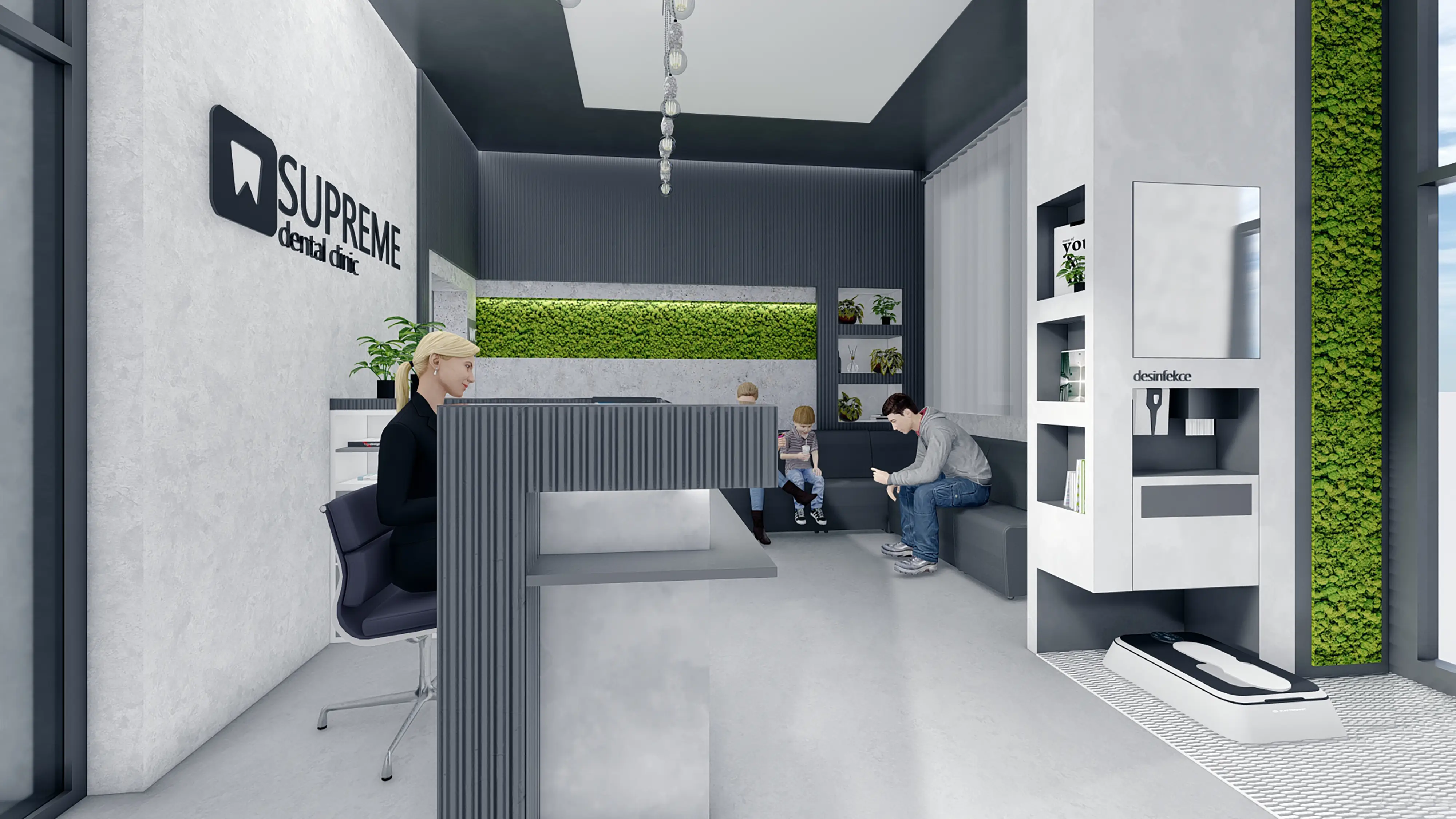 Architektonická vizualizace recepce kliniky.