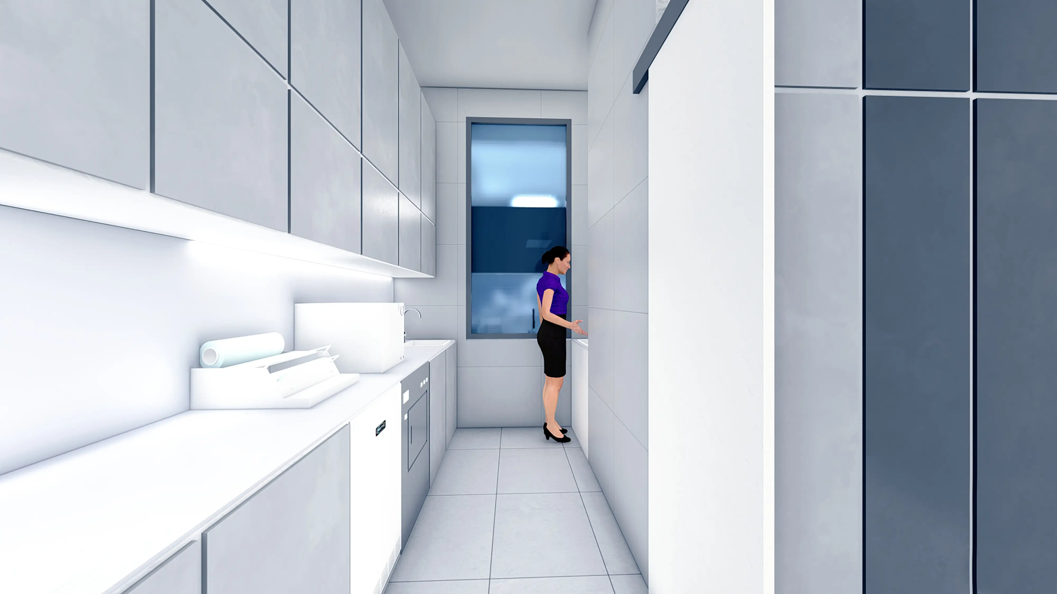 Architektonická vizualizace sterilizační místnosti v klinice.