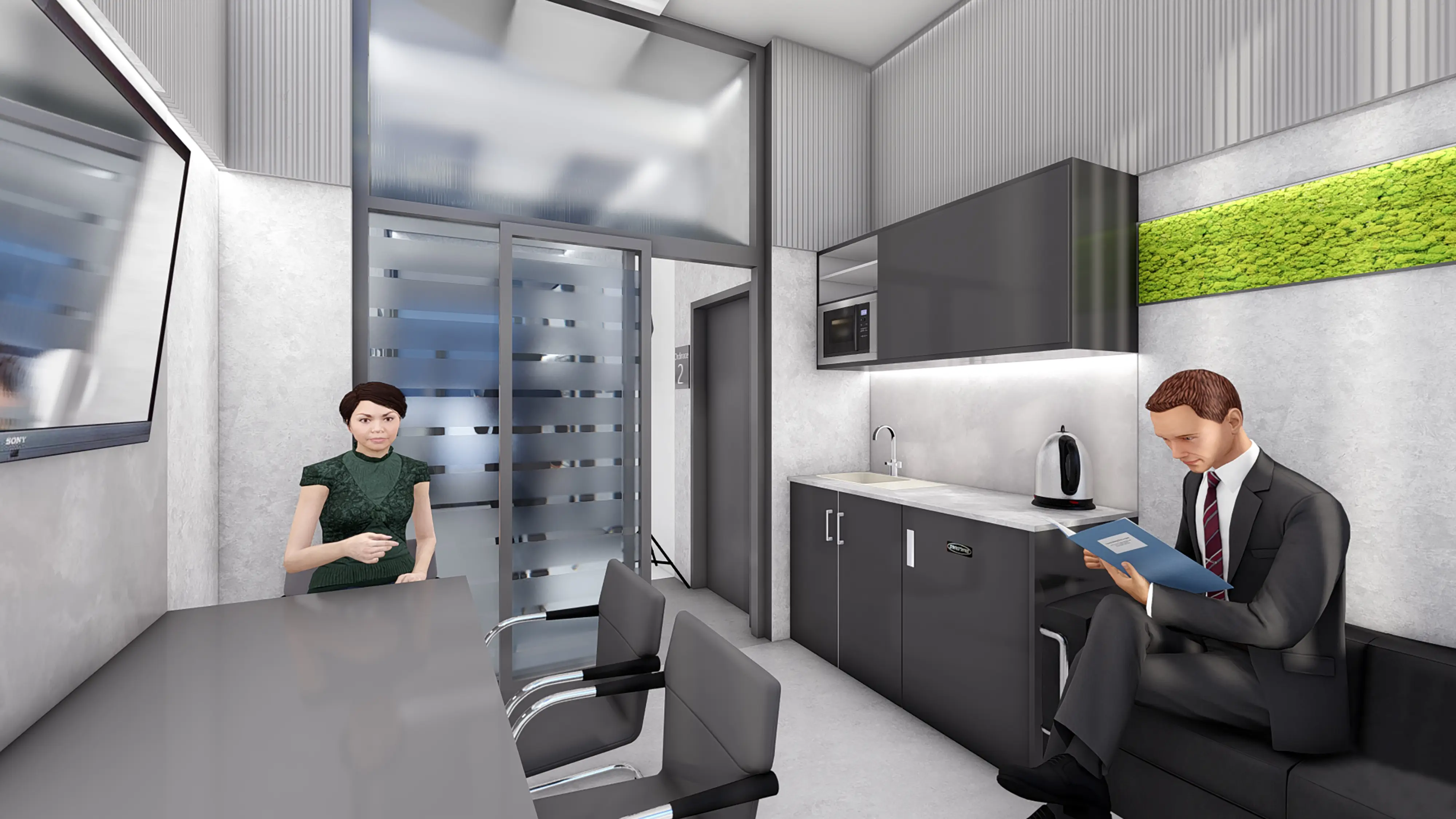 Architektonická vizualizace denní místnosti v klinice.