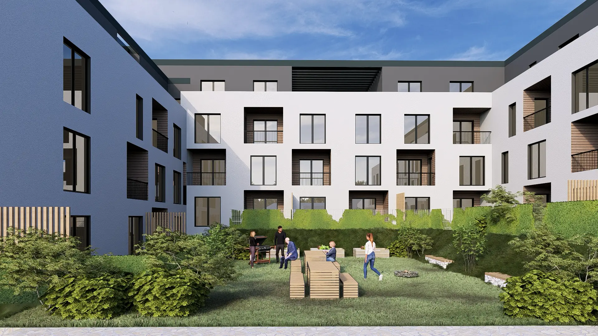 Architektonická vizualizace vedlejšího pohledu na rezidenční areál.