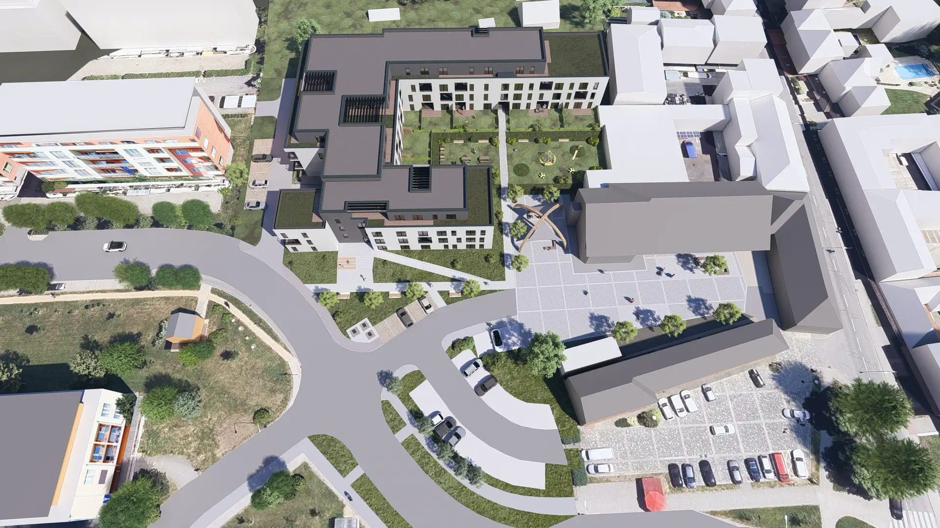 Architektonická vizualizace bytového domu s vnitroblokem.