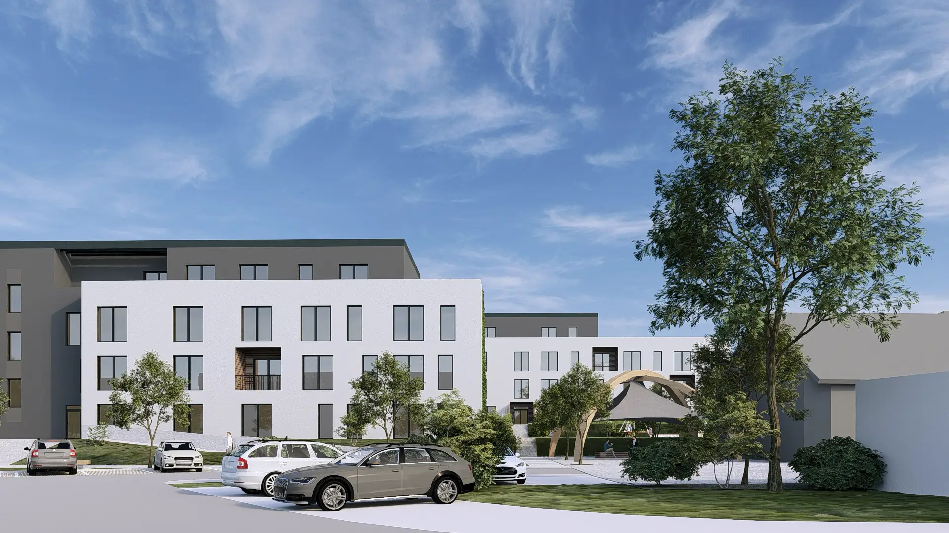 Architektonická vizualizace vstupní části bytového domu.