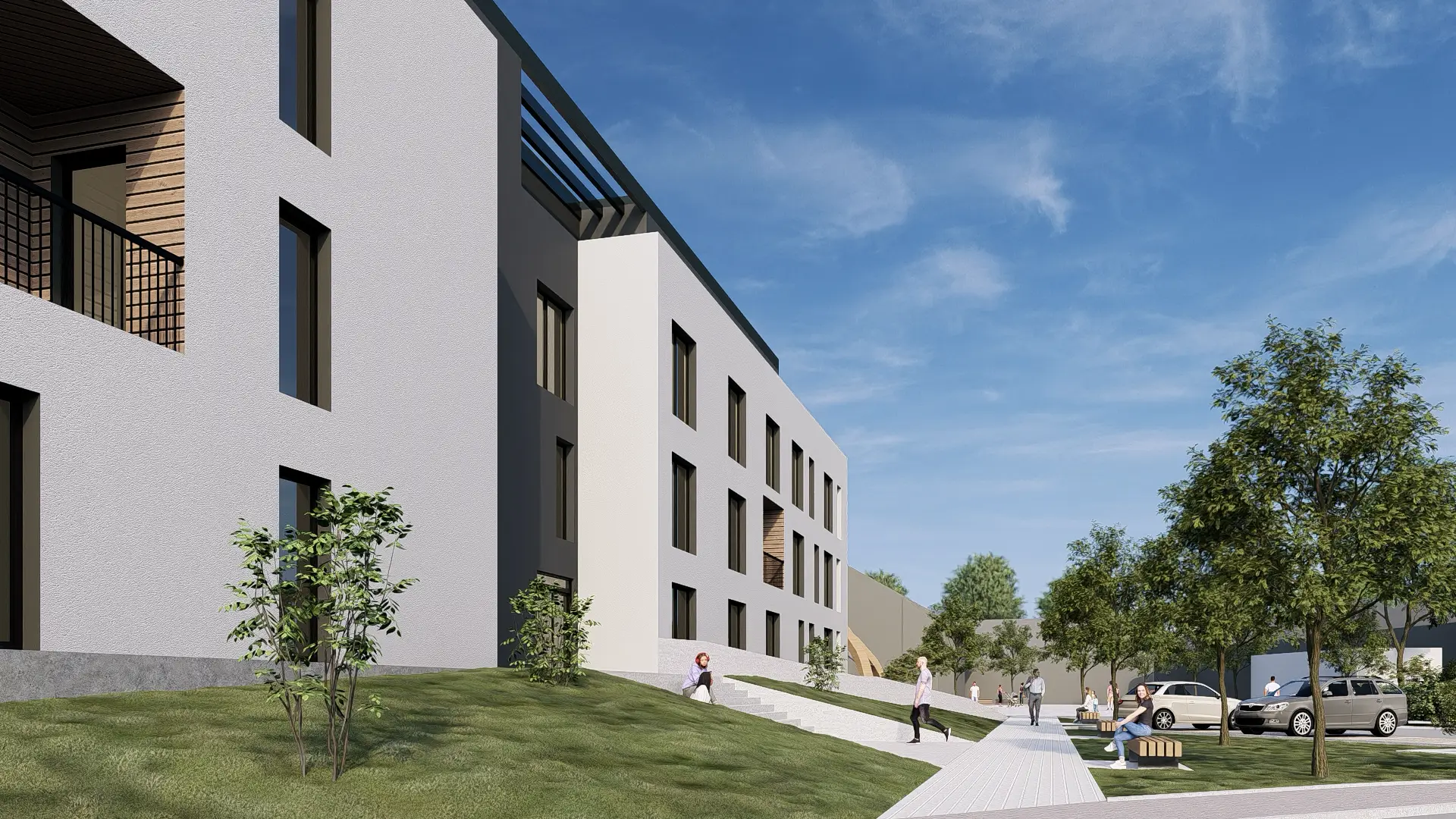 Architektonická vizualizace bytového domu s komunitním prostorem.