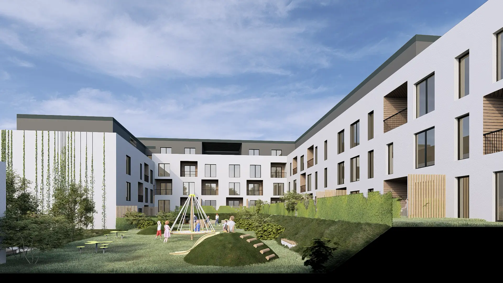 Architektonická vizualizace obytného souboru s komunitním dvorem.