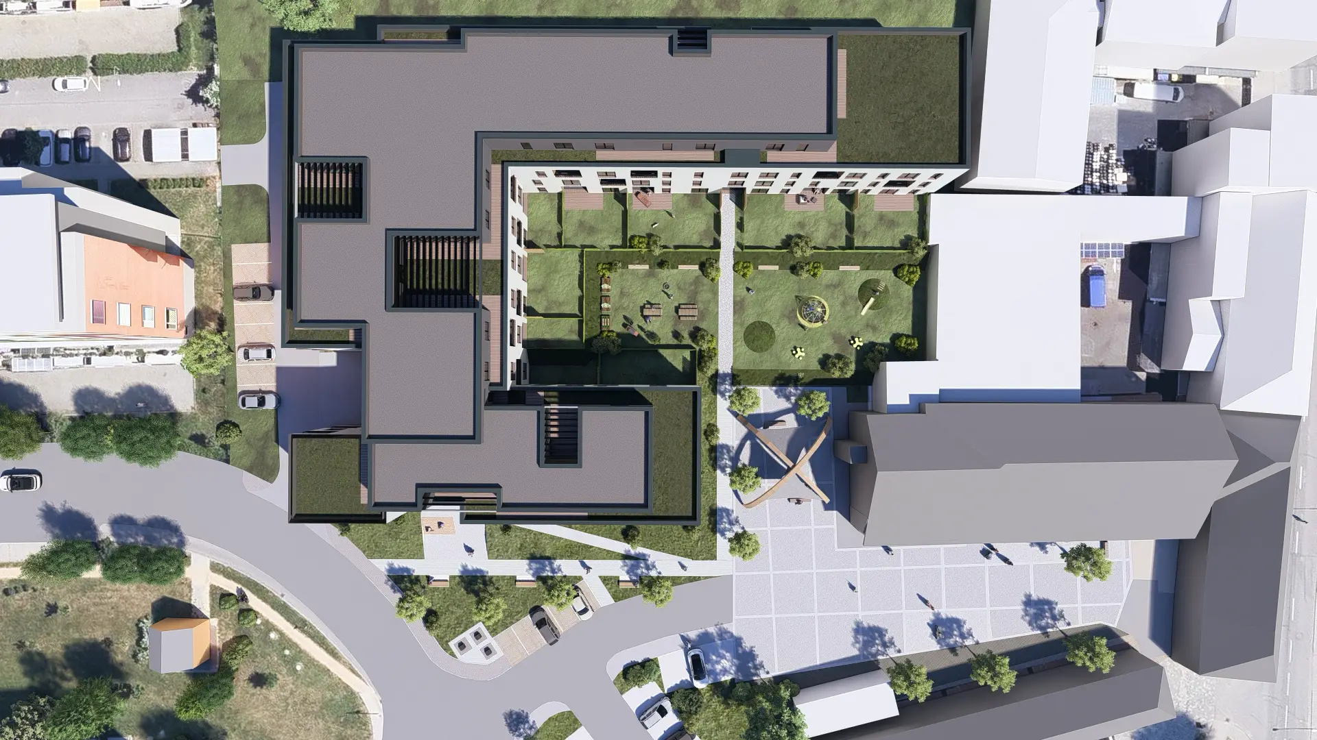 Architektonická vizualizace rezidenčního areálu s vnitřním dvorem.