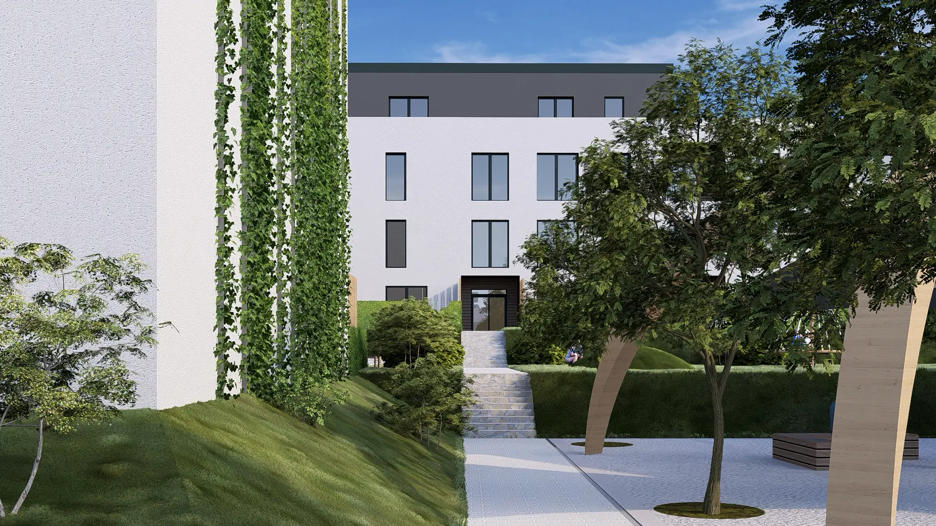 Architektonická vizualizace obytného souboru s centrálním dvorem.