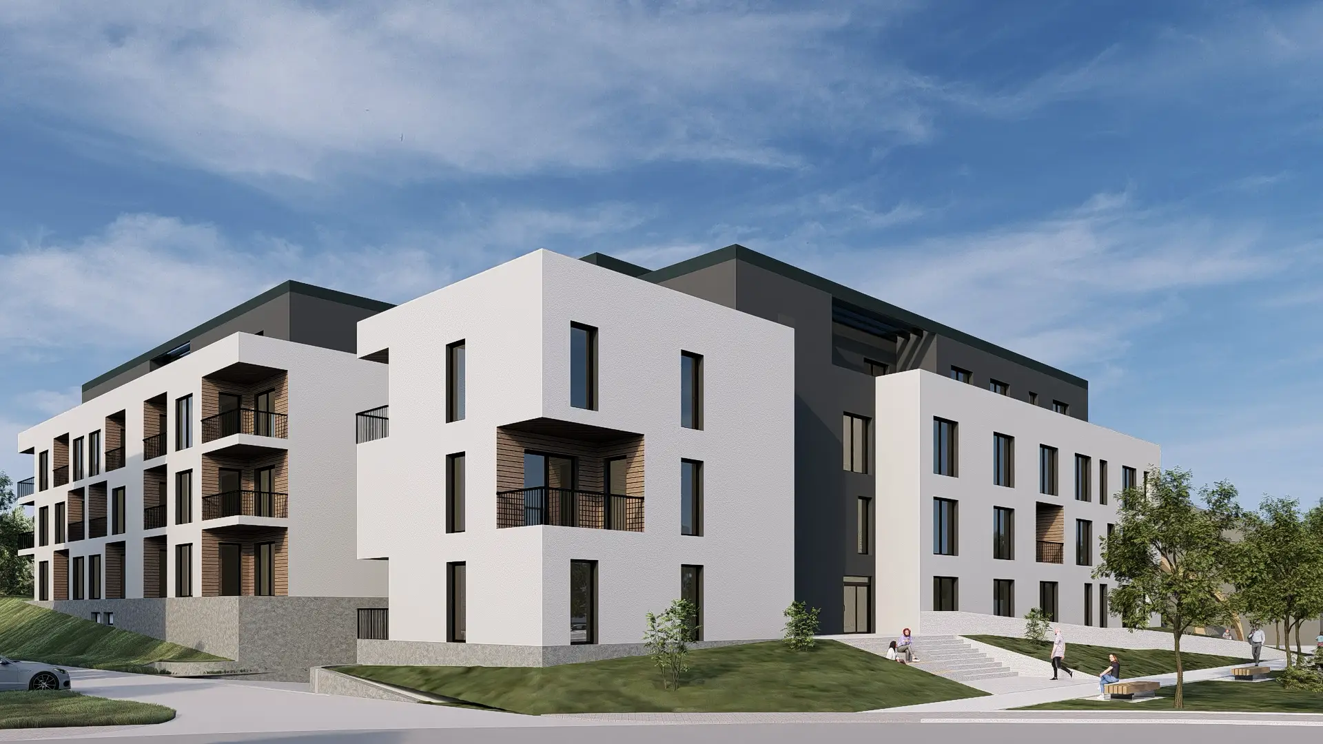 Architektonická vizualizace vstupního prostoru rezidenčního areálu.