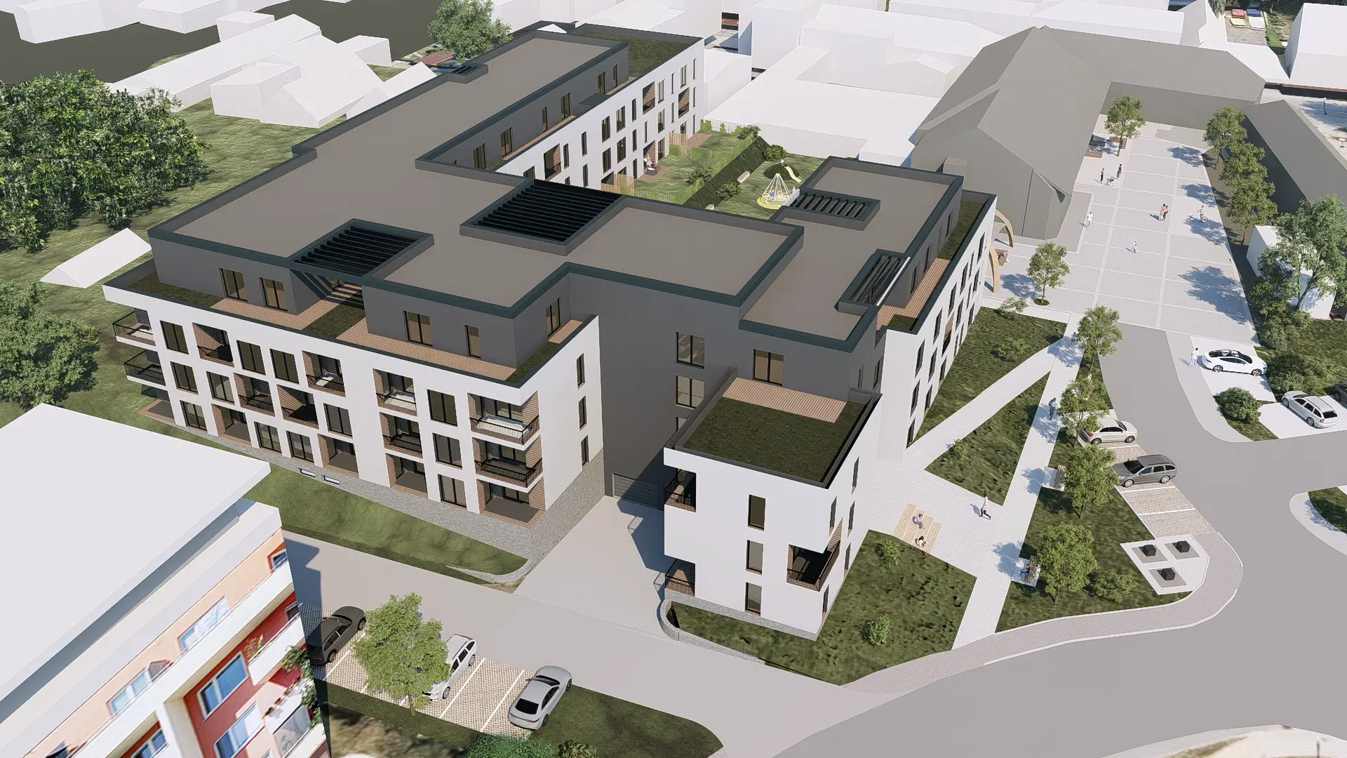 Architektonická vizualizace bytového domu s veřejným prostorem.