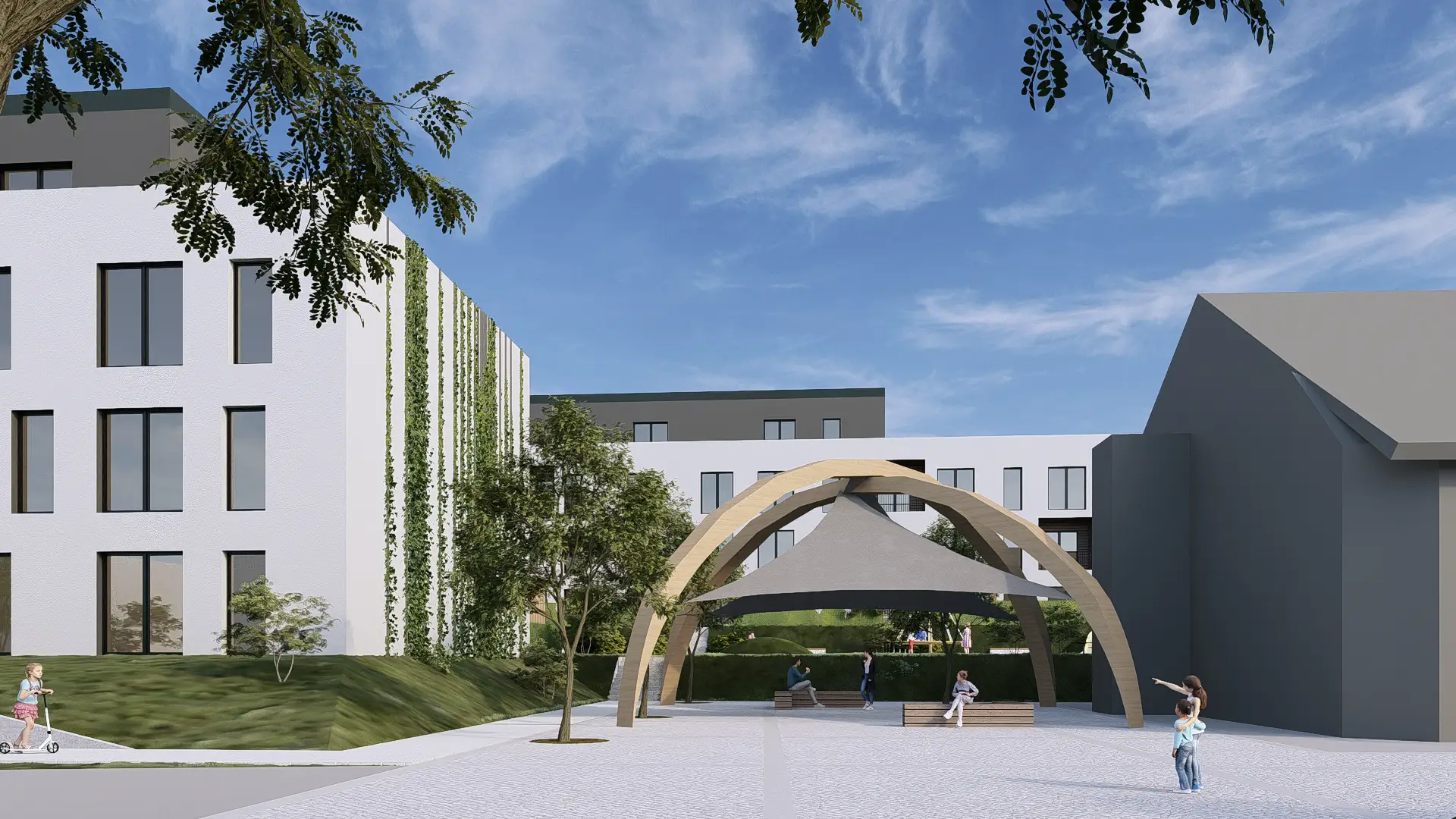 Architektonická vizualizace rezidenčního areálu z ptačí perspektivy.