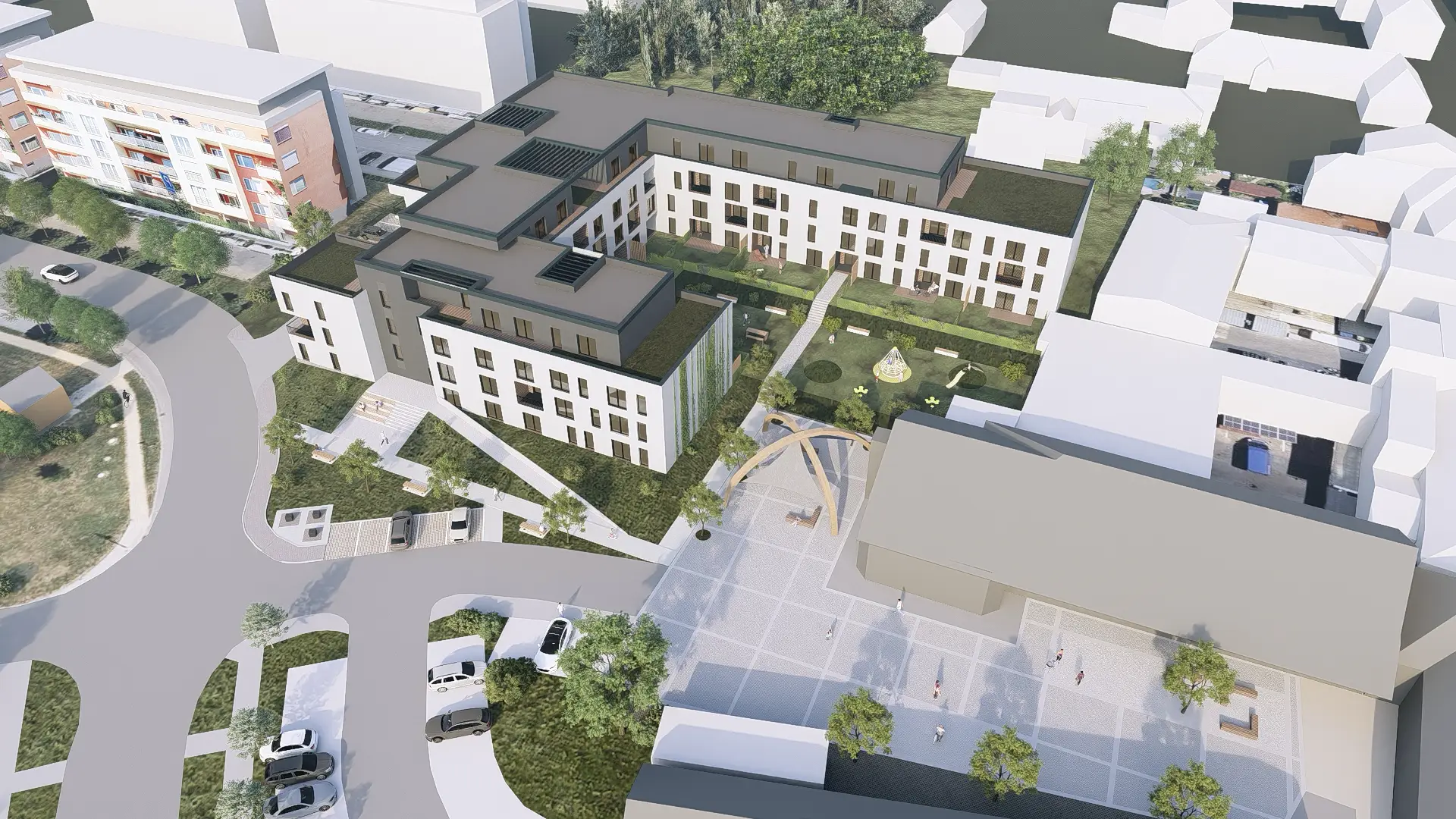 Architektonická vizualizace bytového domu s parkováním a zelení.