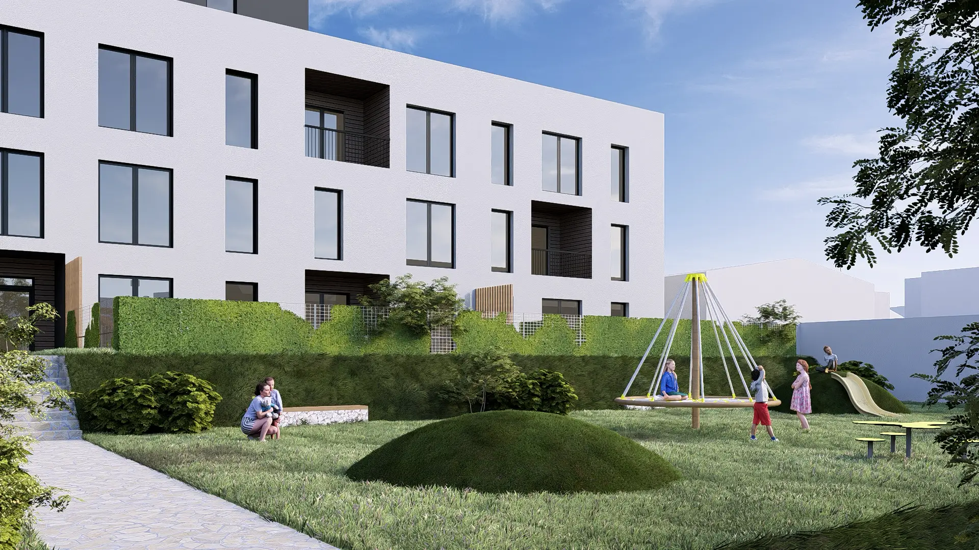 Architektonická vizualizace bytového domu s komunitním dvorem z leteckého pohledu.