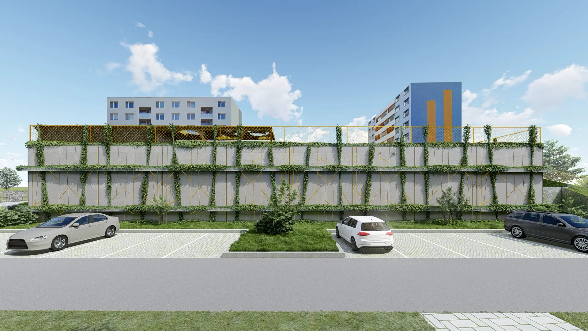 Architektonická vizualizace parkovacího domu.