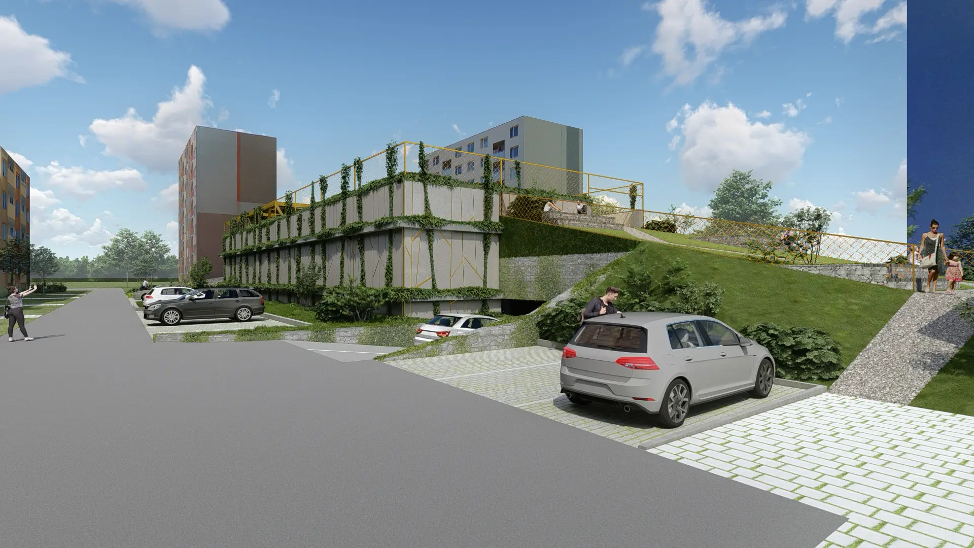 Architektonická vizualizace parkovacího domu.
