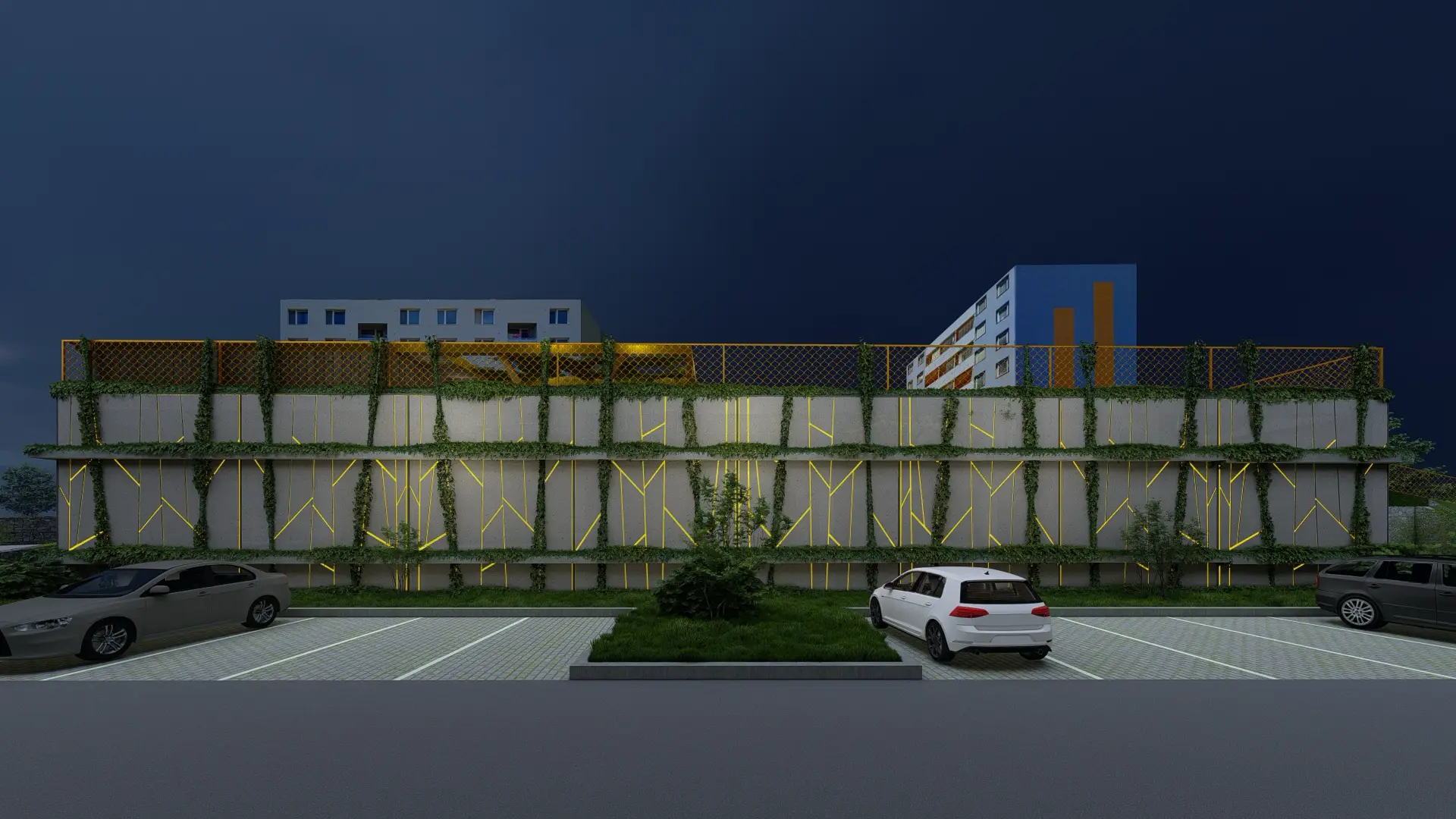 Architektonická vizualizace parkovacího domu.