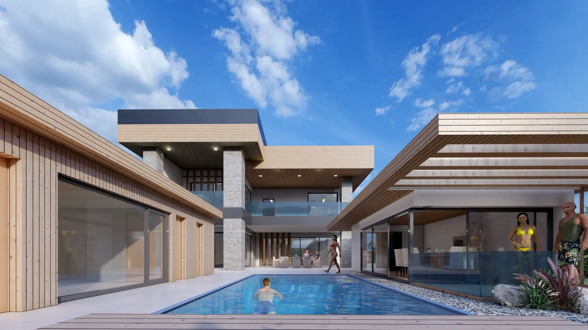 Architektonická vizualizace moderní vily středomořského typu.