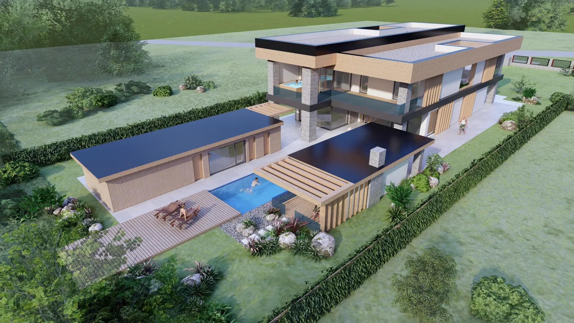 Architektonická vizualizace moderní vily středomořského typu.