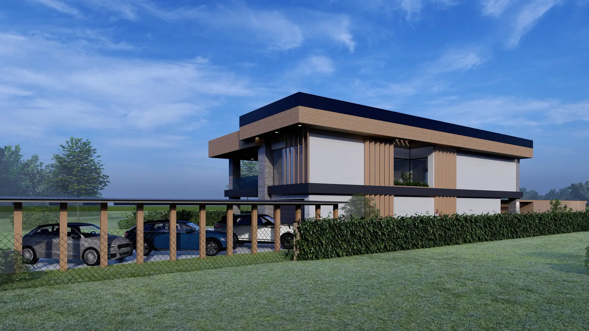 Architektonická vizualizace moderní vily ve středomořském stylu.