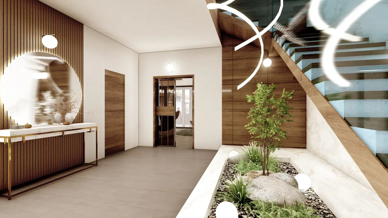 Architektonická vizualizace moderní vily ve středomořském stylu.