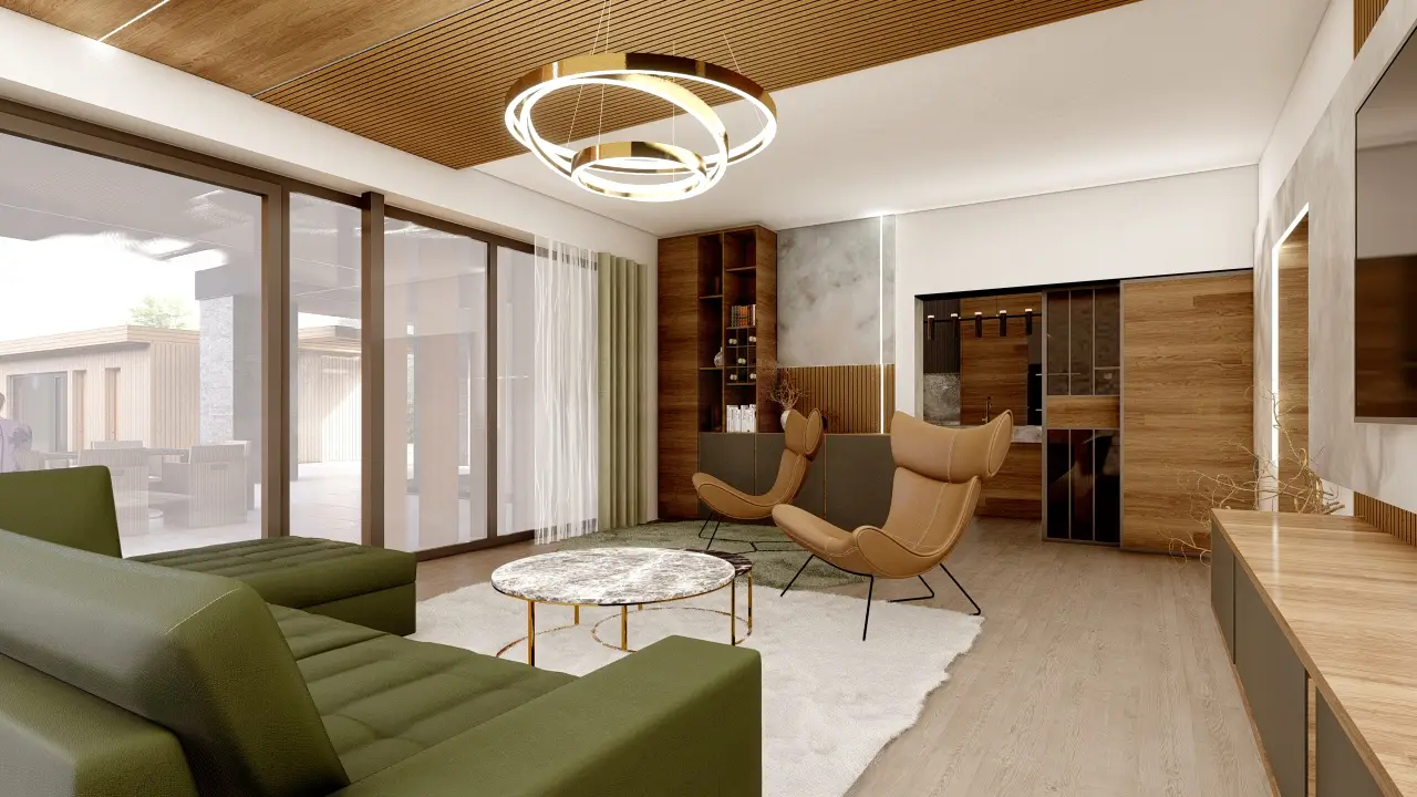 Architektonická vizualizace moderní vily ve středomořském stylu.