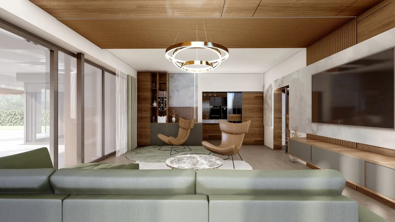 Architektonická vizualizace moderní vily ve středomořském stylu.