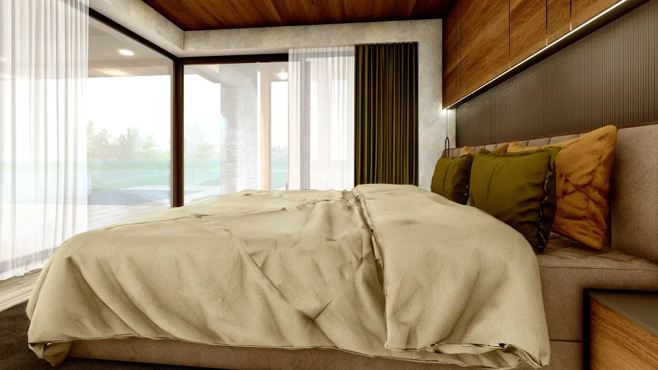 Architektonická vizualizace moderní vily ve středomořském stylu.