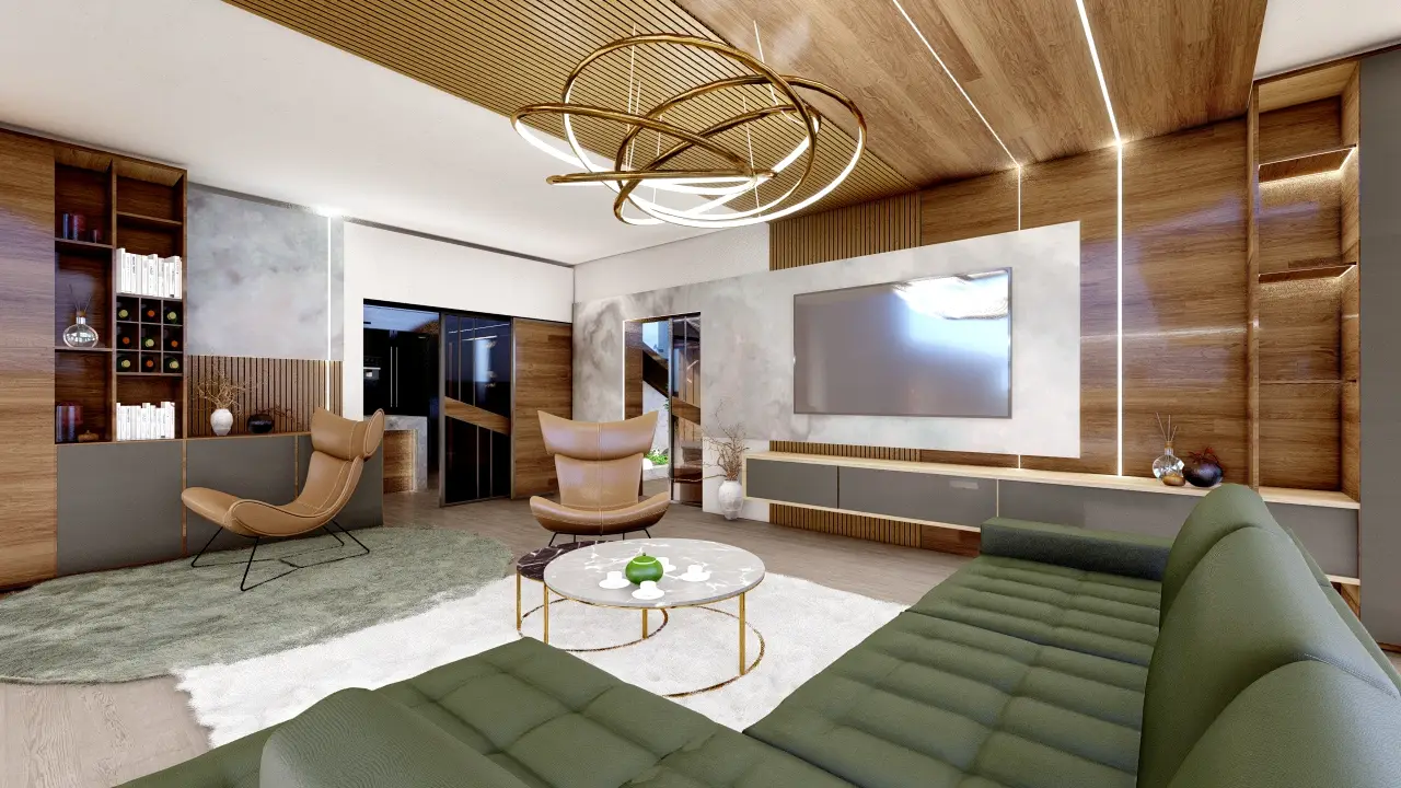 Architektonická vizualizace moderní vily ve středomořském stylu.