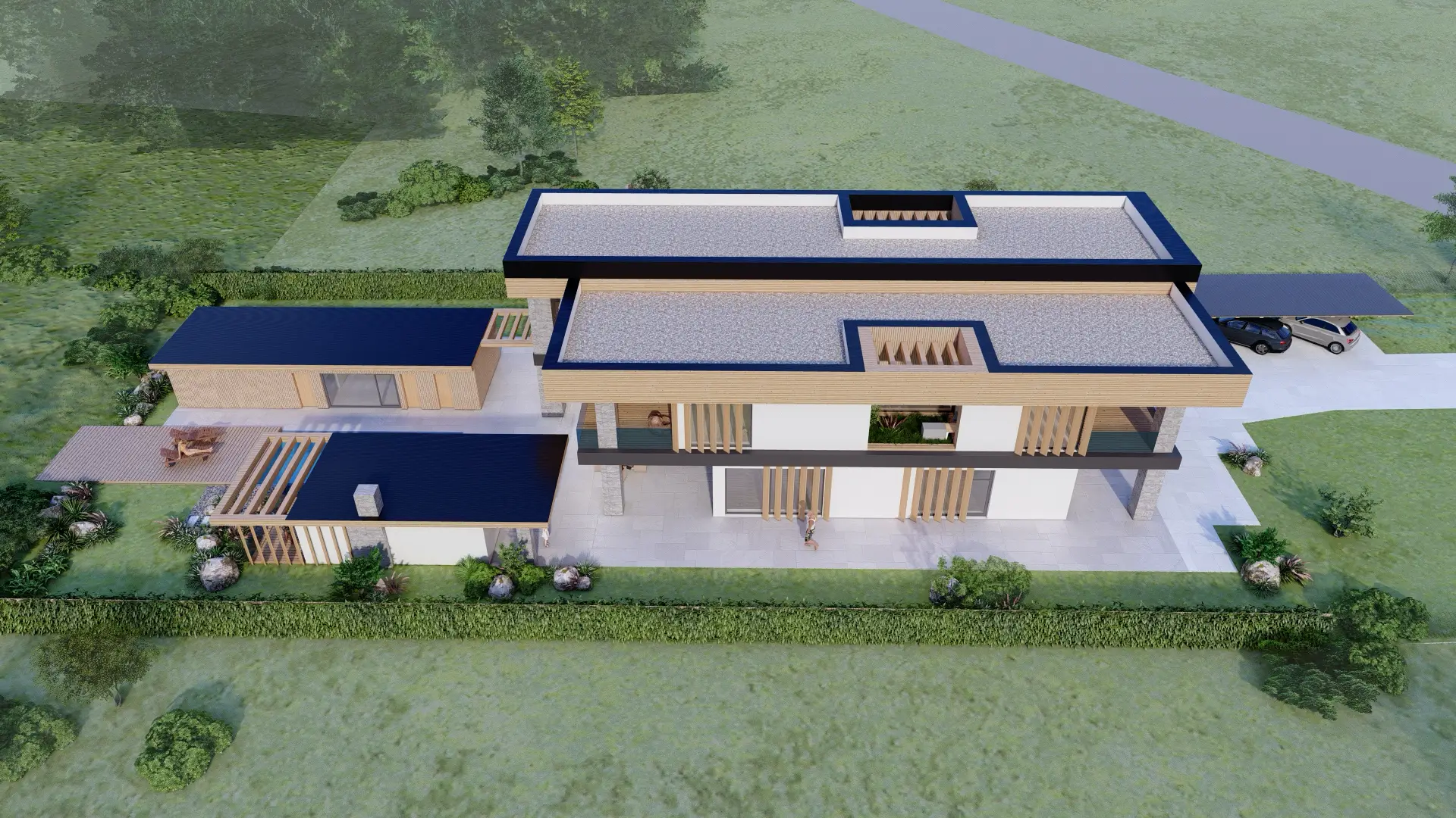 Architektonická vizualizace moderní vily ve středomořském stylu.
