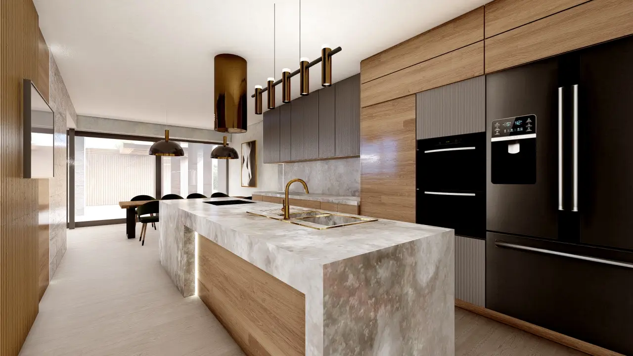 Architektonická vizualizace moderní vily ve středomořském stylu.