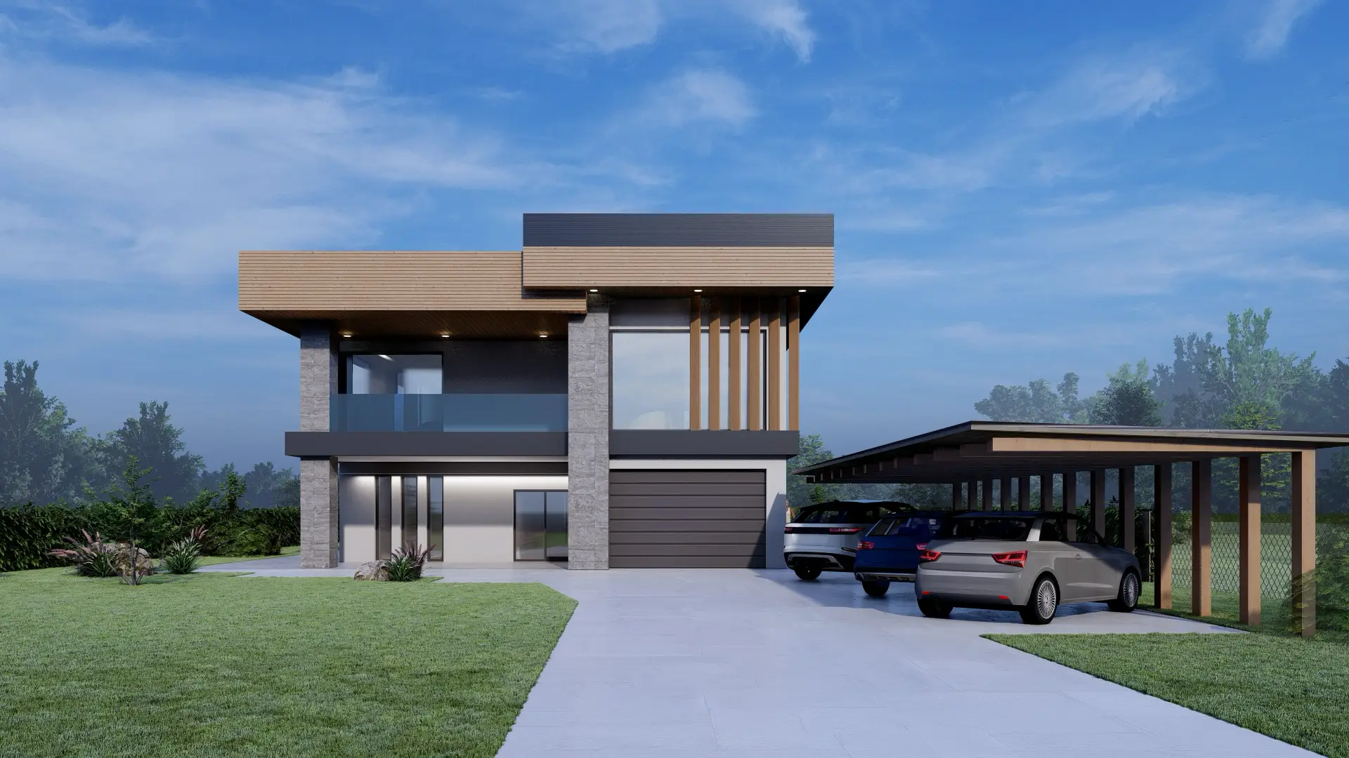 Architektonická vizualizace moderní vily ve středomořském stylu.