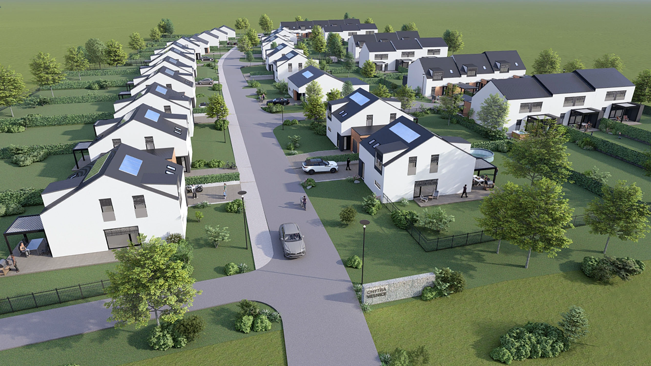 Architektonická vizualizace vzorového řadových domů ve Starovicích z ptačího pohledu.