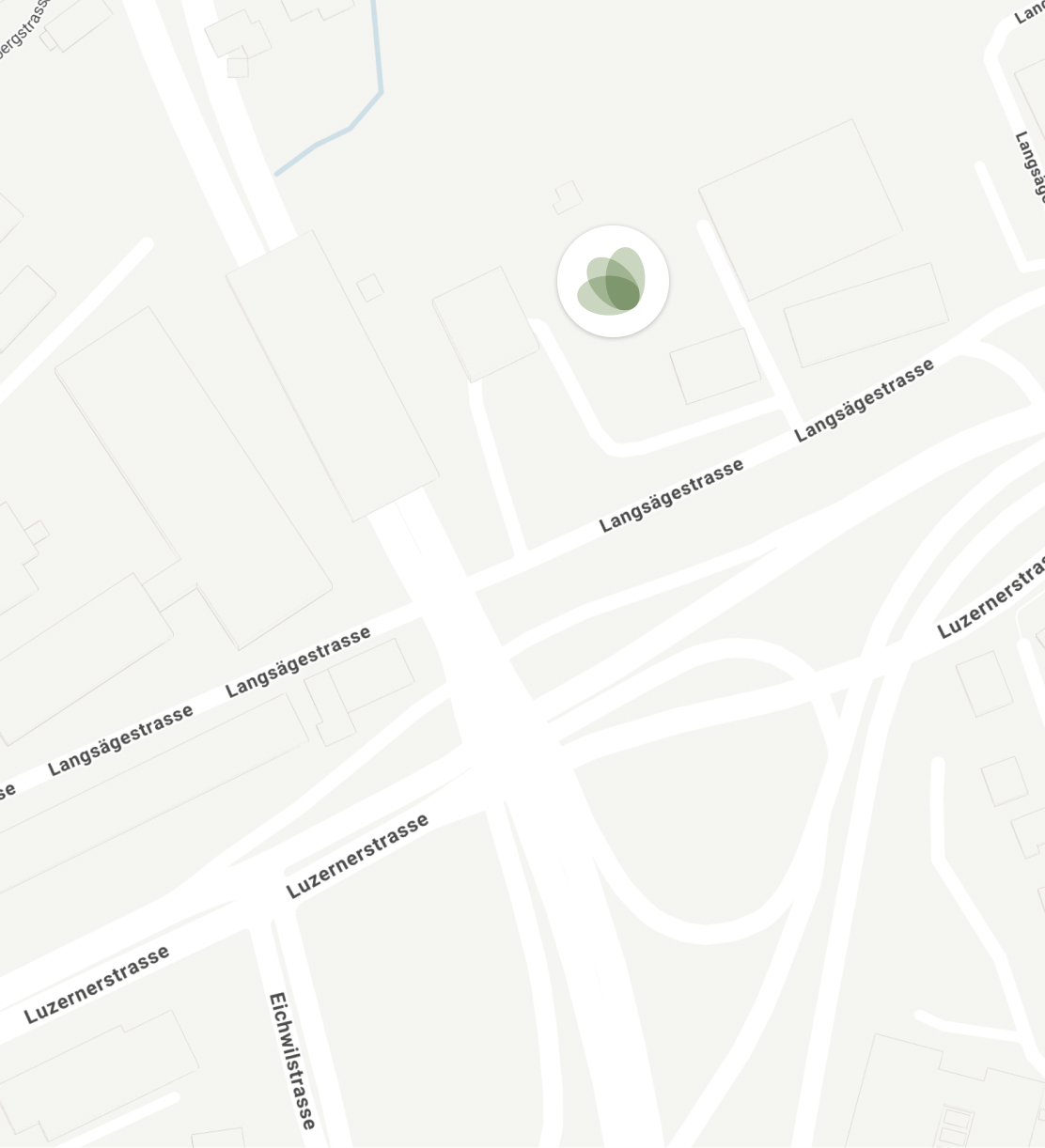 Map showing the intersection of Langsägestrasse and Luzernerstrasse streets with surrounding buildings and a marked location.