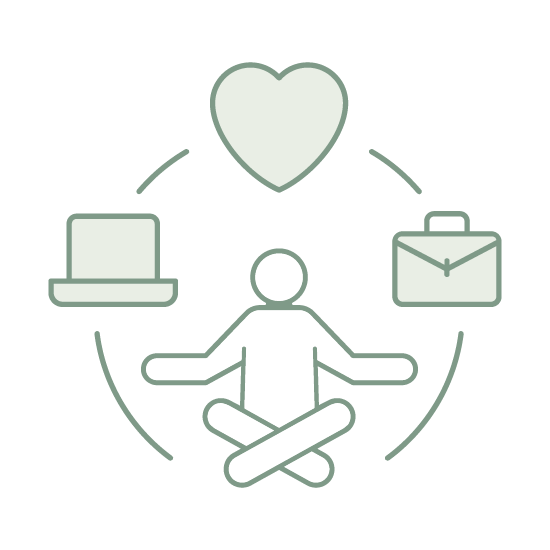 Icon of a person sitting cross-legged in a meditative pose surrounded by a heart, a laptop, and a briefcase, symbolizing work-life balance.