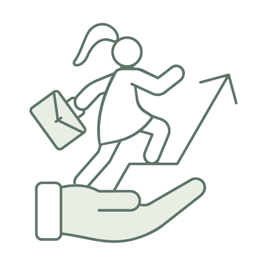 Illustration of a woman with a briefcase climbing an arrow pointing upward while standing on a large hand, symbolizing support and career growth.