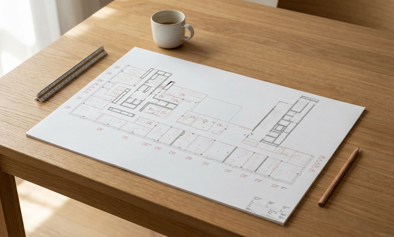 Architectural floor plan on a wooden table next to a pencil, scale ruler, and a cup of coffee.