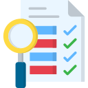 Magnifying glass highlighting a document with red and blue text lines and green check marks.