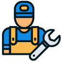 Illustration of a mechanic wearing a blue cap and overalls holding a wrench.