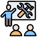 Illustration of a person giving a training presentation with a whiteboard showing wrench and hammer icons.