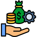 Hand holding money bag with dollar sign, stacked coins, and a gear representing wealth management.