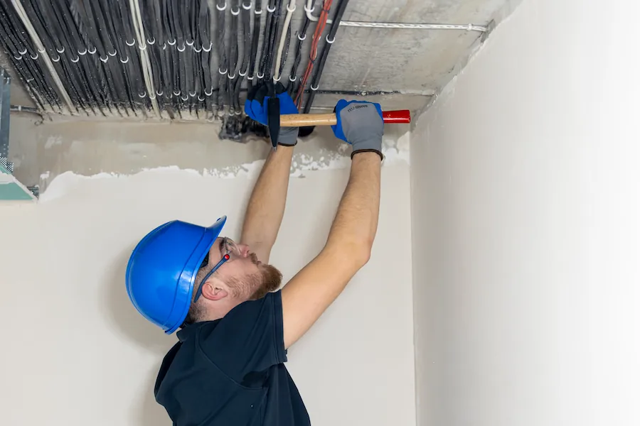 Electrician wearing a blue hard hat and gloves installing cables on a ceiling inside a building.