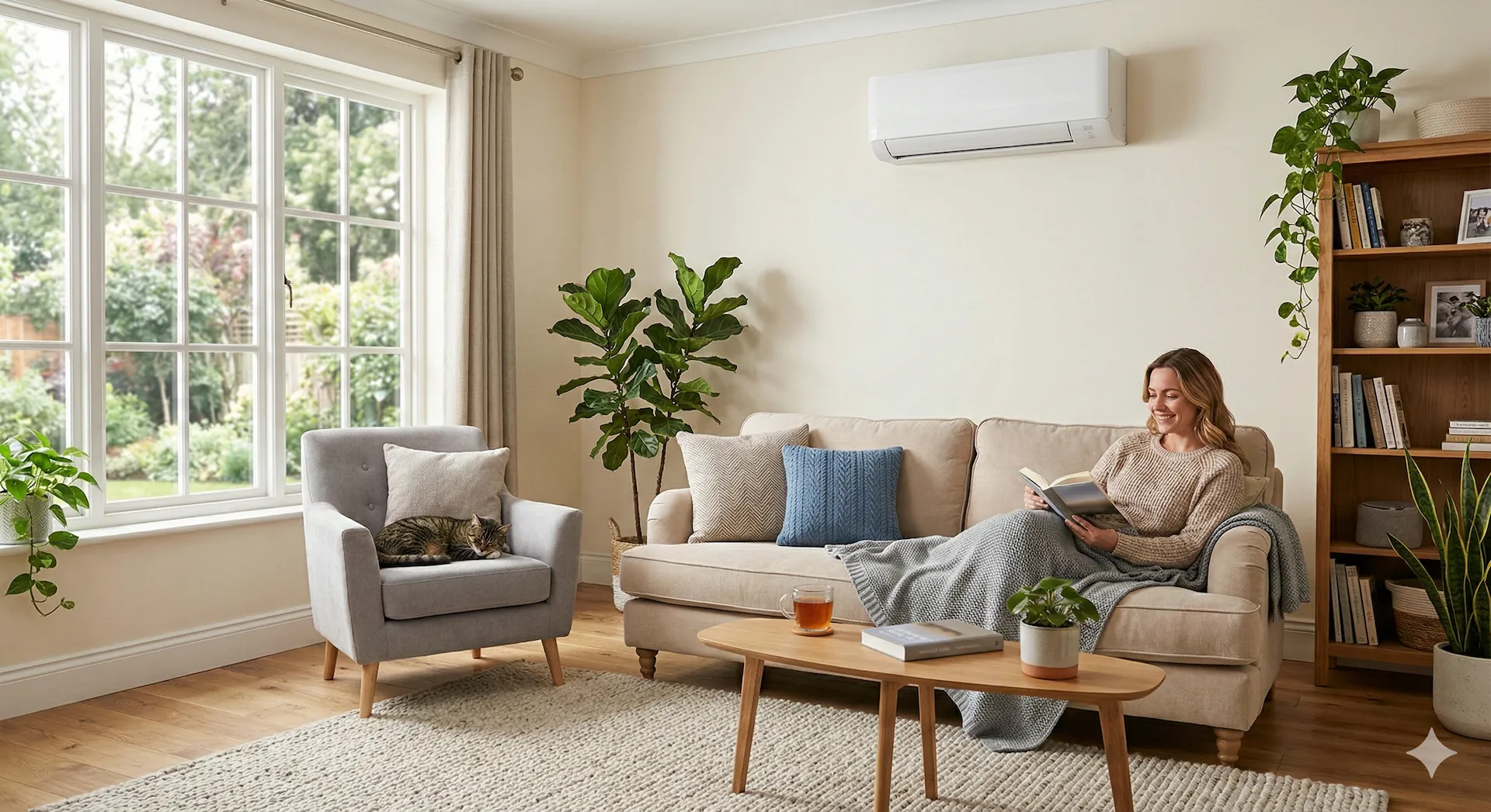 Woman sitting on a beige sofa reading a book with a gray blanket, a cat sleeping on a gray armchair, and plants in a bright, cozy living room.