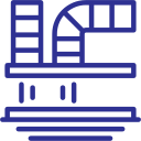 Simplified blue line icon of ductwork with a ladder and a pipe elbow.