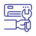 Hand holding a wrench next to a webpage or application interface icon, symbolizing installation or settings.