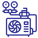 Icon of an air conditioner unit with piping and two round gauges above it.