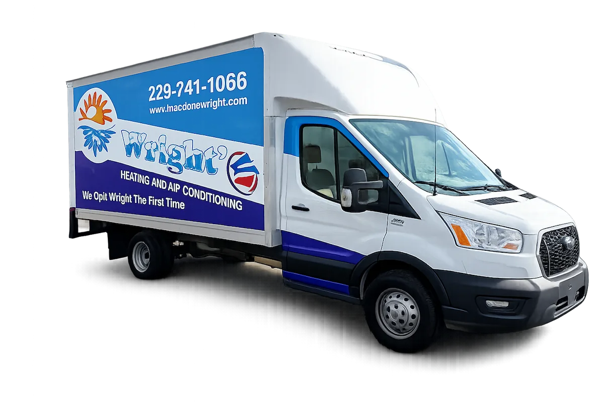 White and blue Wright's Heating and Air Conditioning service van with a phone number and website displayed.
