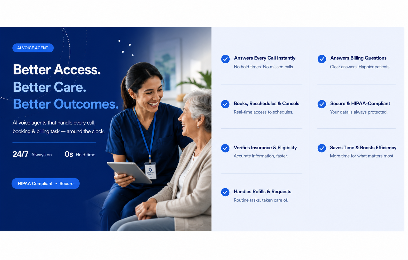 AI Voice Agent for Healthcare banner showing a nurse and elderly patient smiling, with a checklist of features including instant call answering, appointment scheduling, insurance verification, and HIPAA-compliant data security.