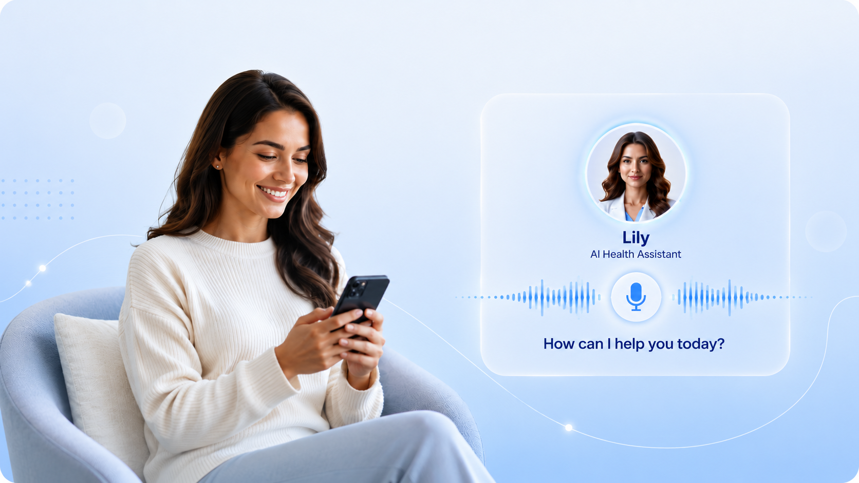 Healthcare illustration showing AI voice agent Ryan assisting a patient with appointment scheduling through a voice conversation, highlighting improved patient access and faster care.