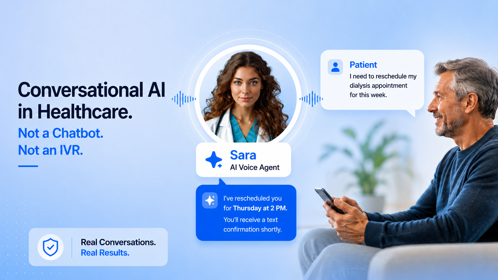 Healthcare illustration showing AI voice agent Ryan assisting a patient with appointment scheduling through a voice conversation, highlighting improved patient access and faster care.
